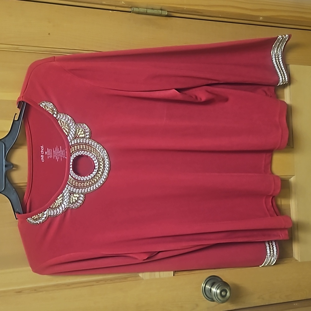 Festive Red Top with Gold and Silver Trim Great For The Holidays!